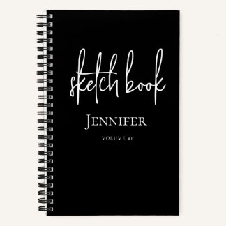 Personalised Black White Script Name Sketchbook Notebook