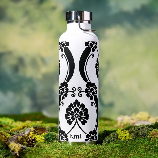 Personalised Black & White Scrollwork Pattern Water Bottle (Outdoor)