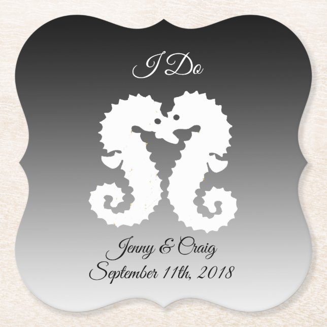 Personalised Black  White Seahorse Wedding Coaster (Front)