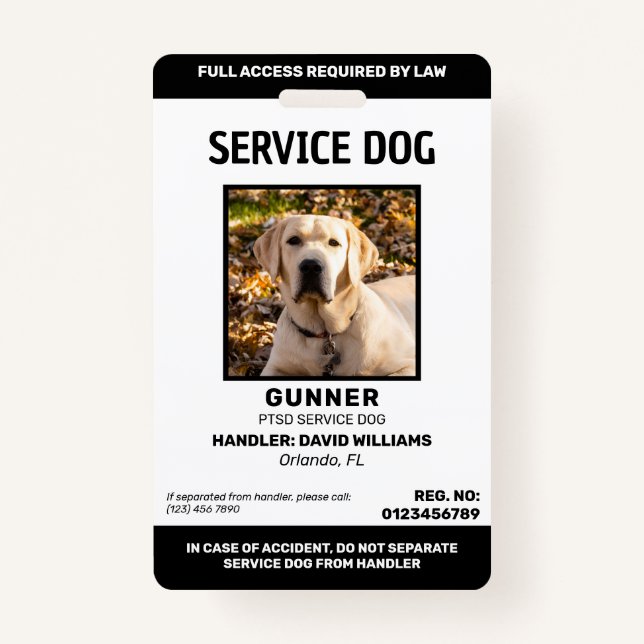 Personalised Black White Service Dog Photo ID Badge (Front)
