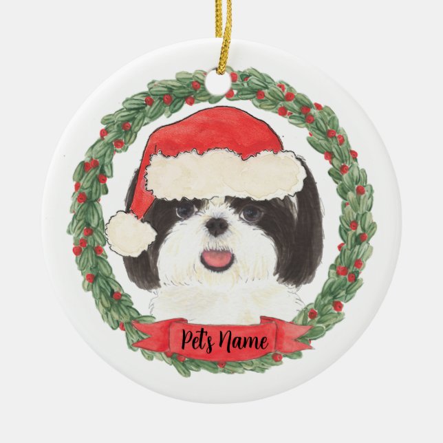 Personalised Black & White Shih Tzu Ceramic Tree Decoration (Front)