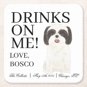 Personalised Black White Shih Tzu Wedding Square Paper Coaster
