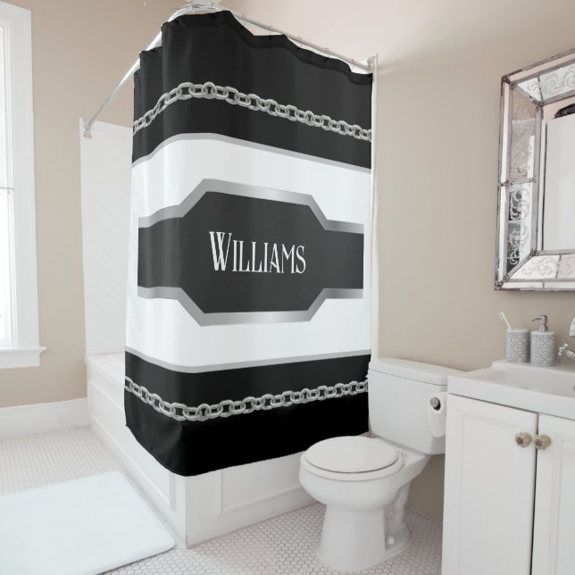 Personalised Black, White & Silver Metallic Shower Curtain (In Situ)