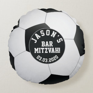 Personalised Black White Soccer Bar Mitzvah Round Cushion