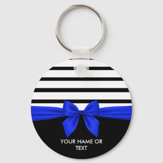 Personalised Black white Stripe Christmas Blue Bow Key Ring