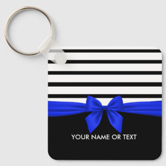 Personalised Black white Stripe Christmas Blue Bow Key Ring