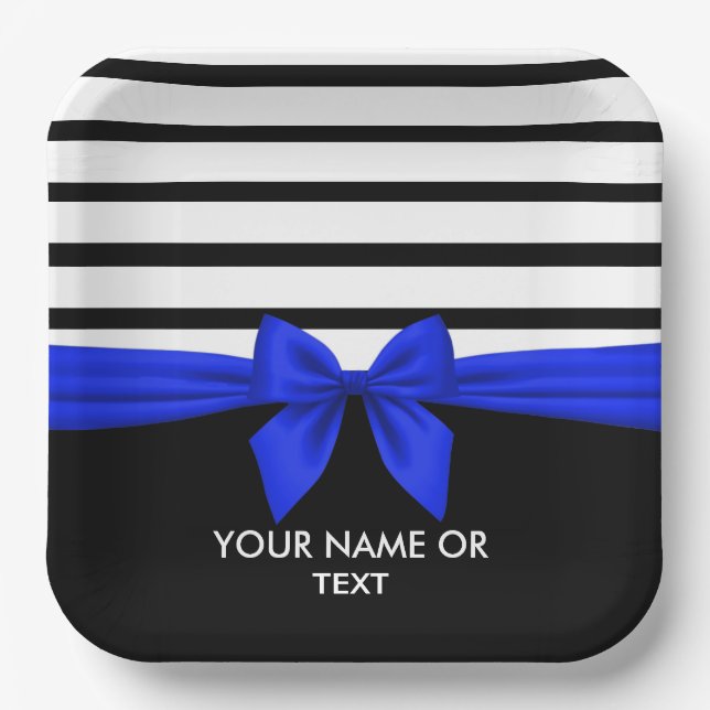 Personalised Black white Stripe Christmas Blue Bow Paper Plate (Front)