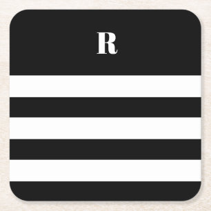 Personalised Black & White Striped Square Paper Coaster