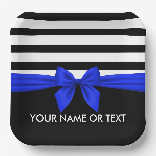 Personalised Black,white Stripes festive Blue Bow  Paper Plate (Front)