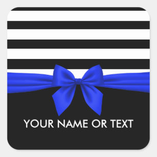 Personalised Black,white Stripes festive Blue Bow Square Sticker