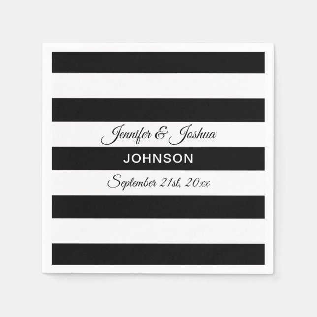 Personalised Black White Stripes Wedding Napkin (Front)