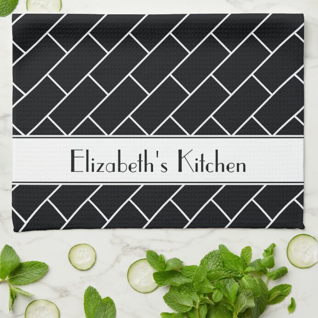 Personalised Black White Subway Tile Brick Tea Towel (Folded)