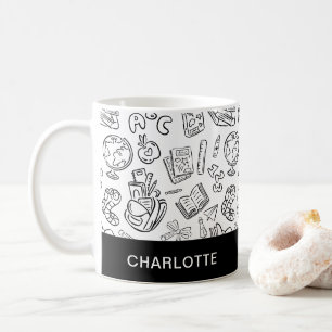 Personalised Black & White Teacher School Doodle Coffee Mug