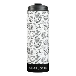 Personalised Black & White Teacher School Doodle Thermal Tumbler