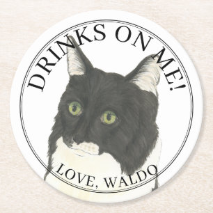 Personalised Black & White Tuxedo Ragamuffin Cat Round Paper Coaster