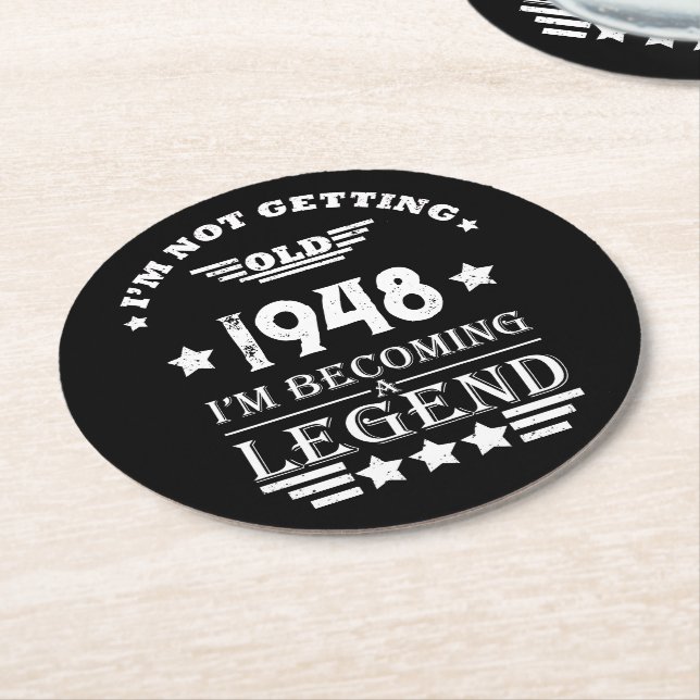 Personalised black white vintage 75th birthday  round paper coaster (Angled)
