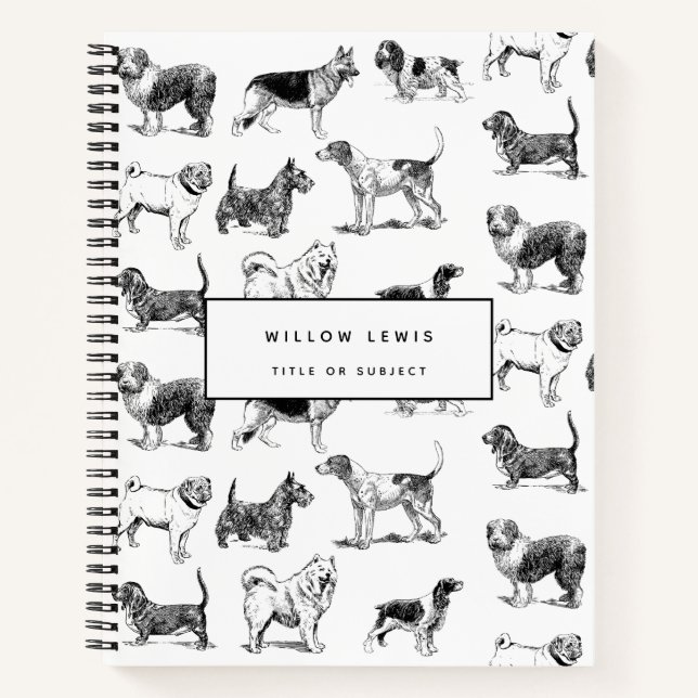 Personalised Black & White Vintage Dogs Pattern Notebook (Front)