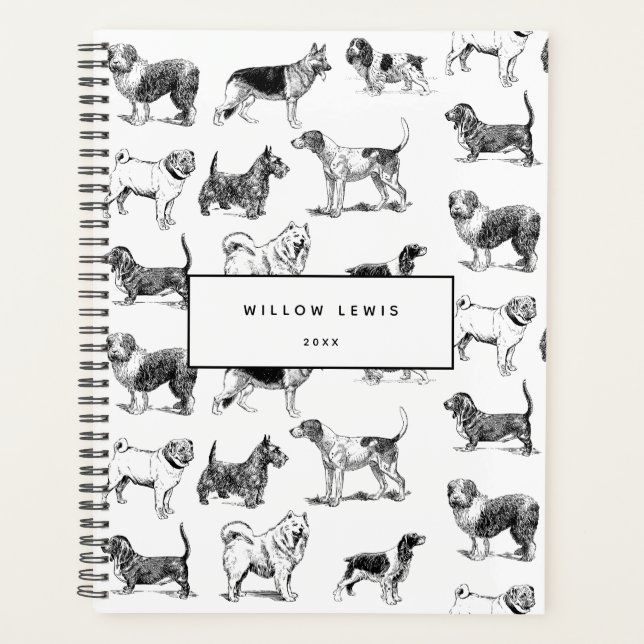 Personalised Black & White Vintage Dogs Pattern Planner (Front)