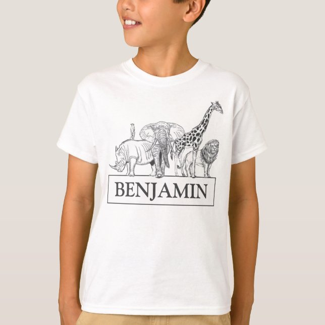 Personalised Black & White Zoo Animals Birthday T-Shirt (Front)