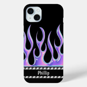 Personalised Black with 3D Purple Flames & Chrome iPhone 15 Mini Case