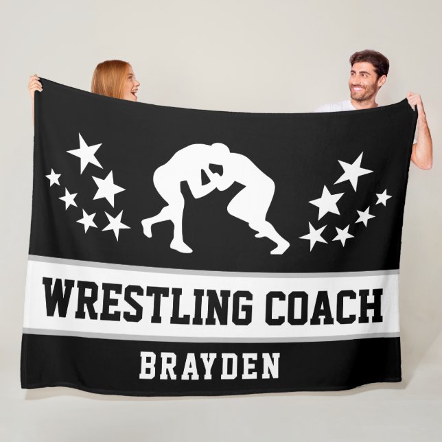 Personalised Black Wrestling Coach Name Fleece Blanket (In Situ)