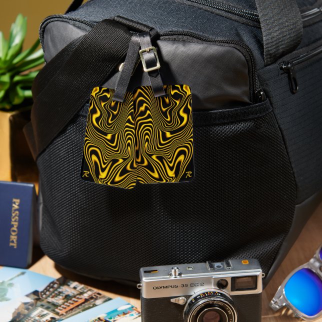 Personalised Black Yellow Gold Swirls Texture Luggage Tag (Front & Back)
