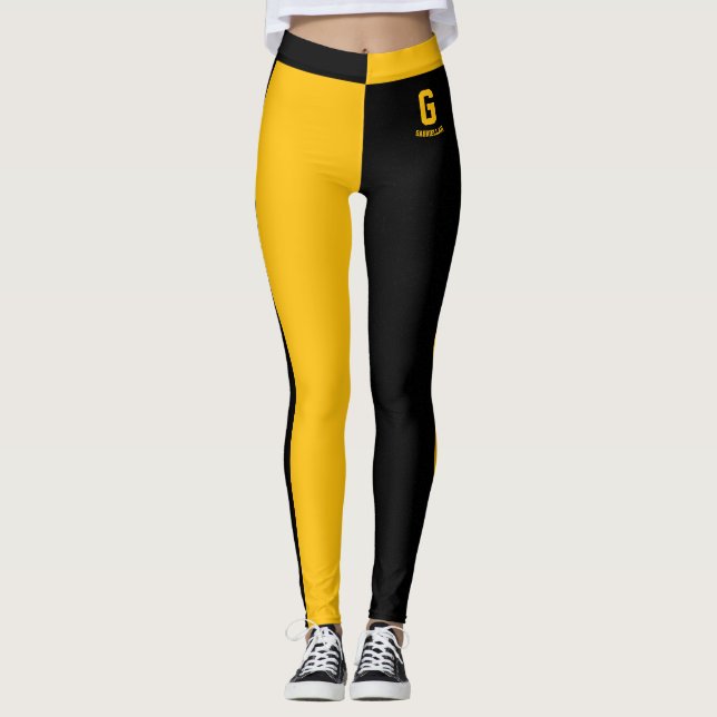 Personalised Black Yellow Orange Stripes Monogram Leggings (Front)