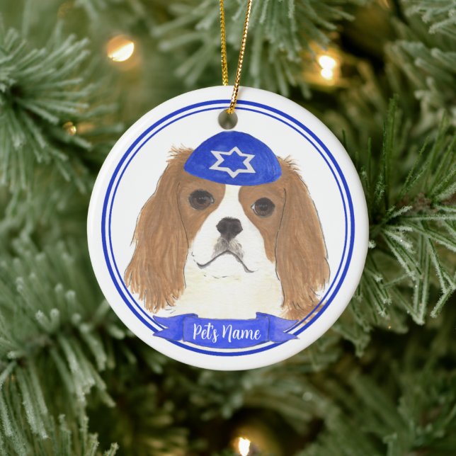 Personalised Blenheim Cavalier Hanukkah Yarmulke Ceramic Tree Decoration (Tree)