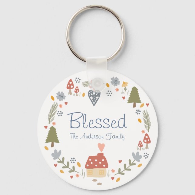 Personalised Blessed Cosy Country Cottage Hygge Key Ring (Front)