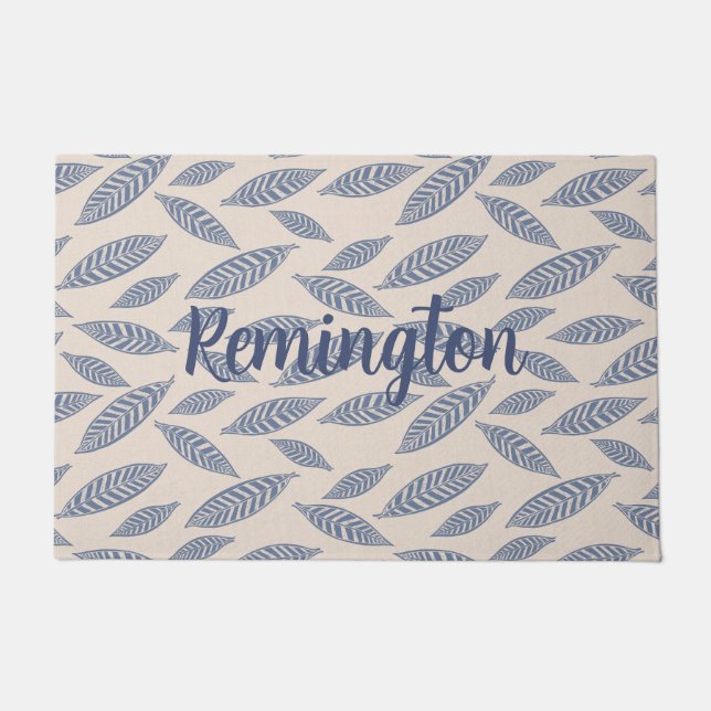 Personalised Block Print Blue Leaves Door Mat (Front)