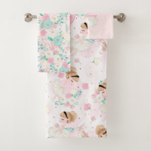 Personalised Blonde Ballerina Pink Floral Bath Towel Set