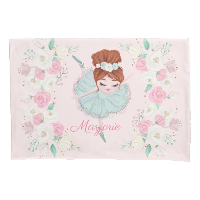Personalised Blonde Ballerina Pink Floral Pillow C Pillowcase (Front)
