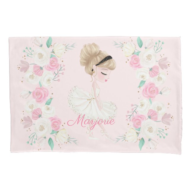 Personalised Blonde Ballerina Pink Floral Pillowcase (Front)