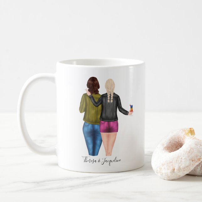 Personalised Blonde Brunette Best Friends Coffee Mug (With Donut)