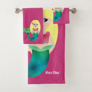 Personalised Blonde Faux Foil Mermaid Kids Cute Bath Towel Set