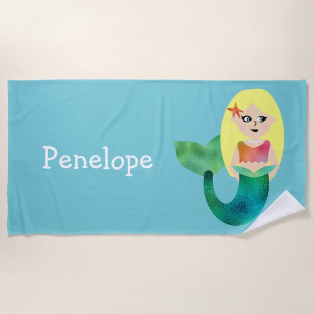 Personalised Blonde Faux Foil Mermaid Pink Girls Beach Towel (Front)