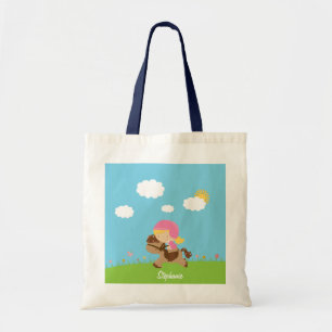 Personalised blonde hair horse rider girl floral tote bag