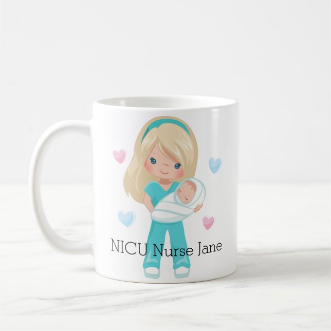 Personalised Blonde Hair NICU Nurse with Baby Coffee Mug (Left)