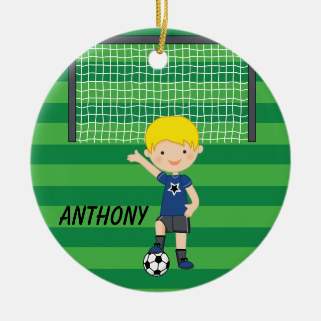 Personalised Blonde Haired Soccer Boy Christmas Ceramic Tree Decoration (Front)