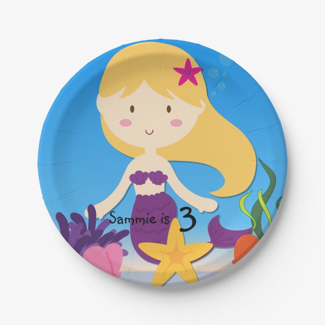 Personalised Blonde Mermaid Birthday Paper Plates (Front)