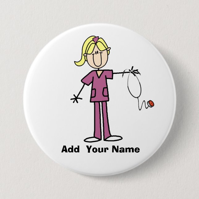 Personalised Blonde Stick Figure Nurse  Button (Front)