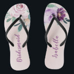 Personalised Blooming botanical purple bridesmaid Flip Flops<br><div class="desc">Watercolor botanical floral and greenery in blush,  peach and purple,  elegant and romantic,   great personalised bridesmaid gifts</div>