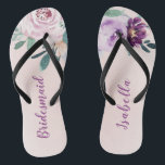 Personalised Blooming botanical purple bridesmaid Flip Flops<br><div class="desc">Watercolor botanical floral and greenery in blush,  peach and purple,  elegant and romantic,   great personalised bridesmaid gifts</div>