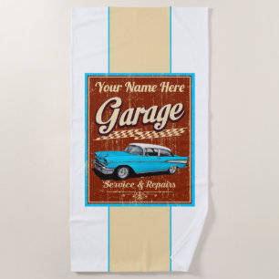 Personalised Blue 1957 Classic Car Garage Beach Towel
