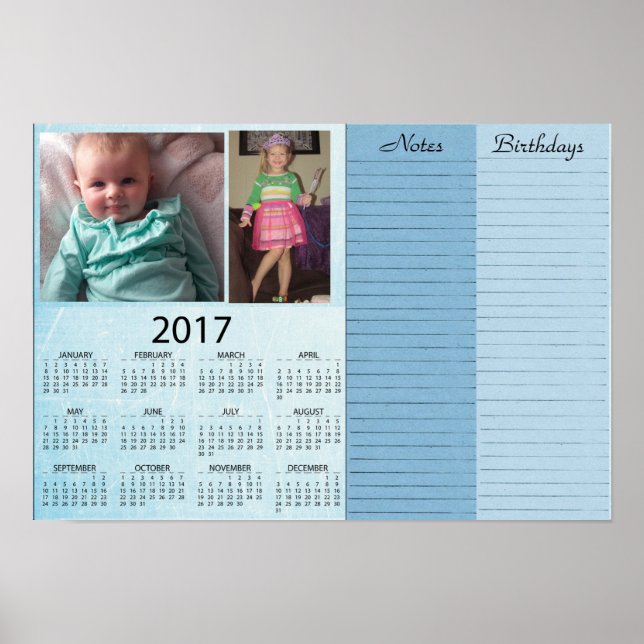 Personalised Blue 2017 Calendar with Baby Photo Poster (Front)