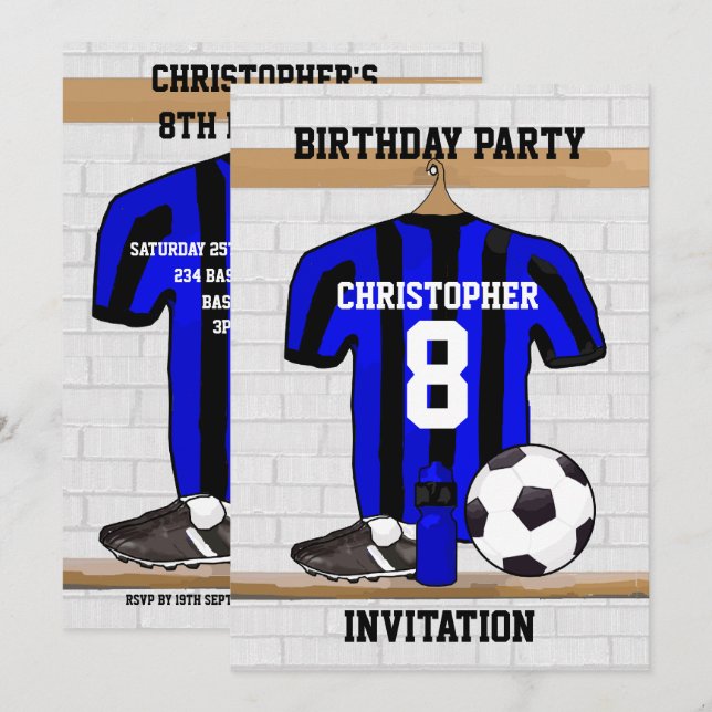 Personalised Blue and Black Football Soccer Jersey Invitation (Front/Back)