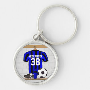 Personalised Blue and Black Striped Soccer Jersey Key Ring