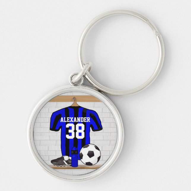 Personalised Blue and Black Striped Soccer Jersey Key Ring (Front)