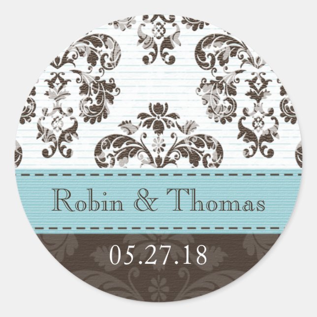 Personalised Blue and Brown Damask Wedding Classic Round Sticker (Front)