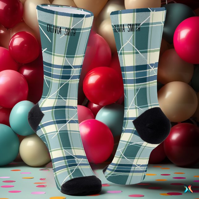Personalised Blue and Cream Tartan Plaid Custom Socks (Creator Uploaded)